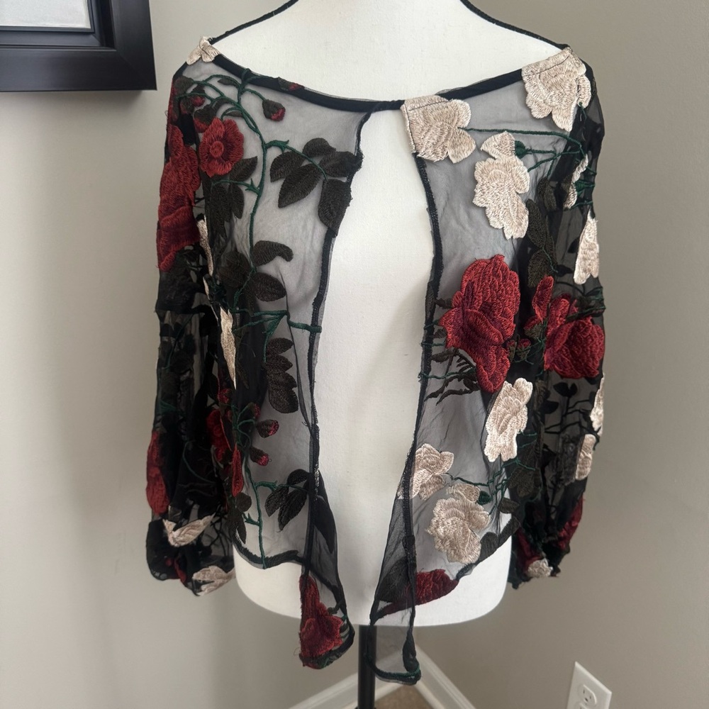 MONACO Embroidered Sheer Mesh Floral Crop Blouse Black Rose Tie Front M